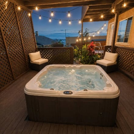 Covered hot tub under string lights with harbor view at night